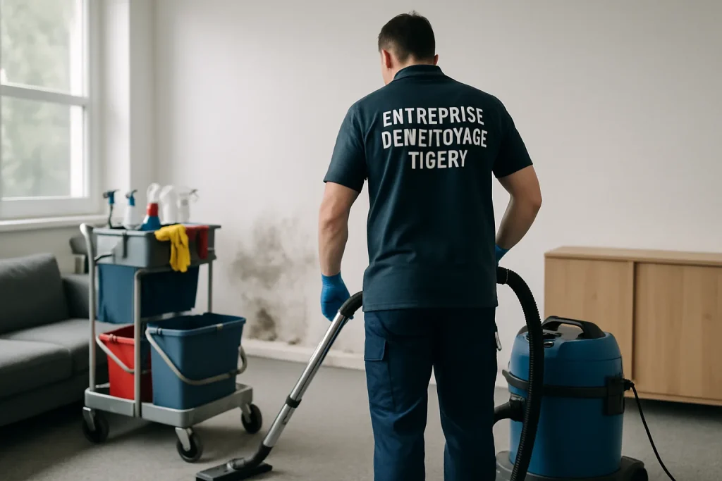 Équipe de nettoyage dans un appartement après un sinistre, utilisant des équipements professionnels.