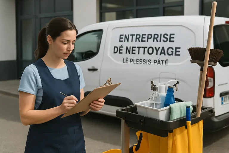 Un professionnel du nettoyage en train de nettoyer un appartement à Le Plessis-Pâté avec des produits écologiques.