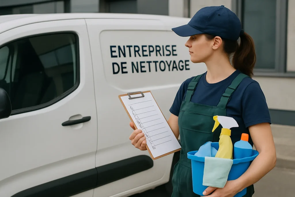 Un agent de nettoyage professionnel nettoyant un bureau à LISSES avec des produits adaptés.