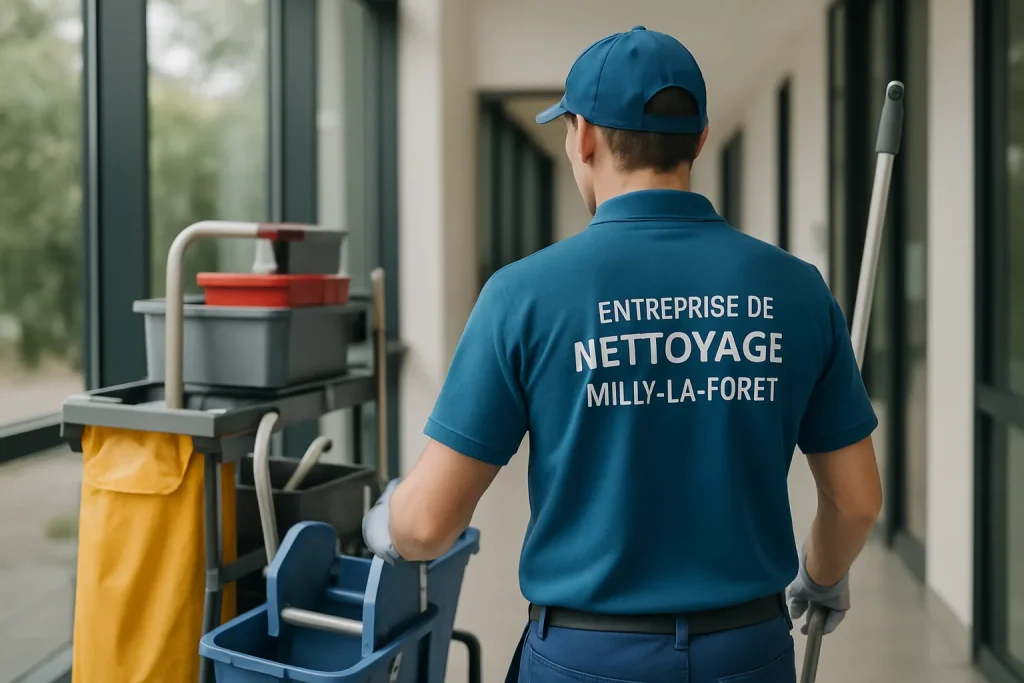Équipe de nettoyage en uniformes dans un appartement à Milly-la-Forêt avec des équipements modernes.