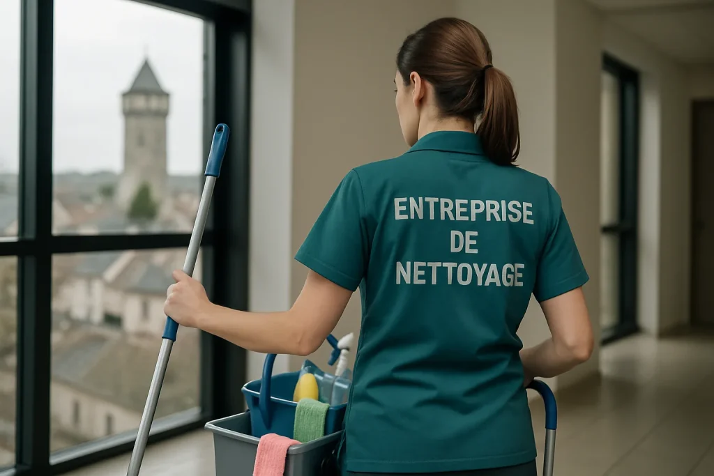 Un agent de nettoyage travaillant dans un bureau à Montlhéry avec des équipements modernes.
