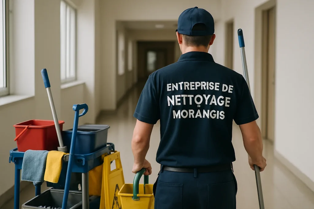 Équipe de nettoyage à Morangis nettoyant un bureau ensoleillé avec des équipements modernes.