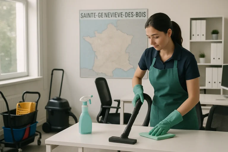 Équipe de nettoyage à Sainte-Geneviève-des-Bois dans un appartement en cours de nettoyage.