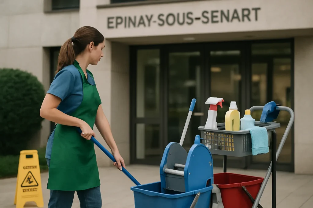 Équipe de nettoyage dans un appartement à Épinay-sous-Sénart, utilisant des produits écologiques.