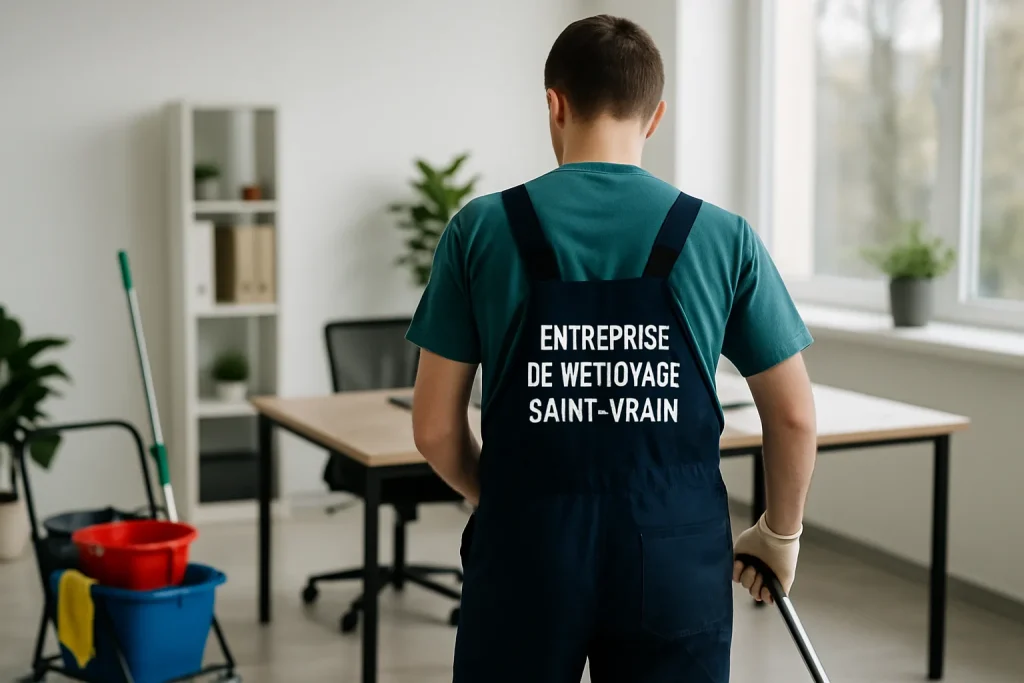 Technicien de nettoyage désinfectant un bureau à Saint-Vrain avec des équipements modernes.