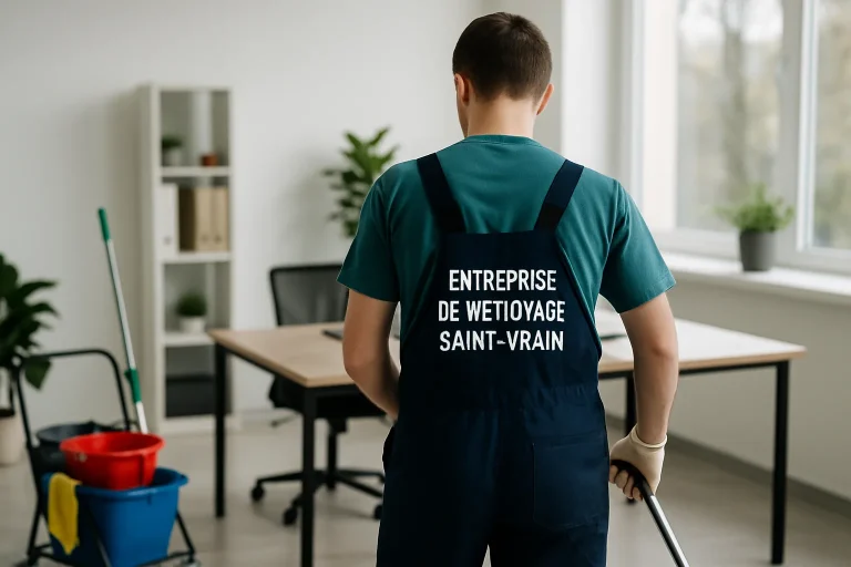 Technicien de nettoyage désinfectant un bureau à Saint-Vrain avec des équipements modernes.