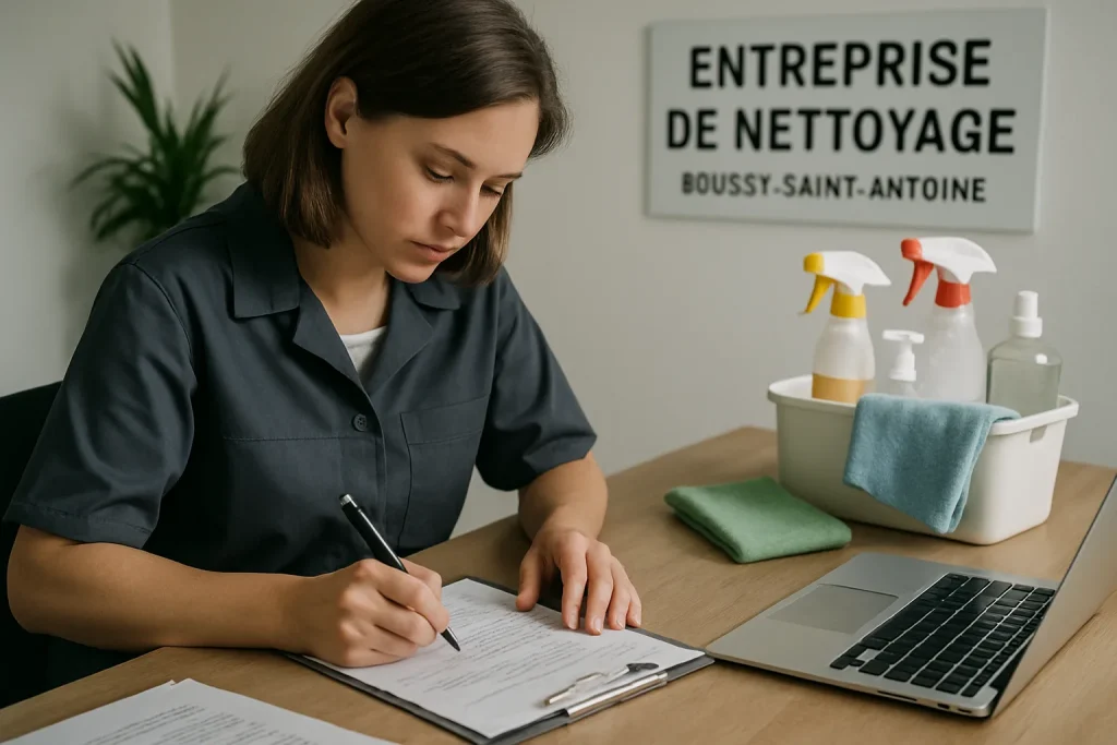 Un entrepreneur avec des documents administratifs pour une entreprise de nettoyage à Boussy-Saint-Antoine.