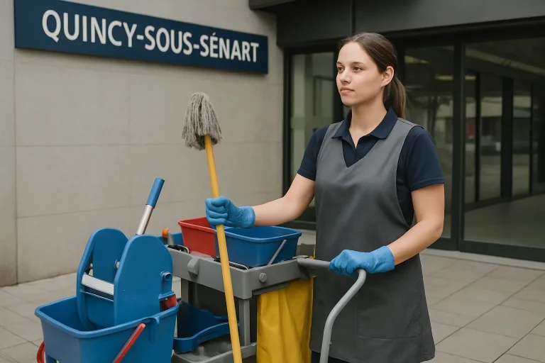 Deux agents de nettoyage à Quincy-sous-Sénart nettoyant un bureau lumineux.