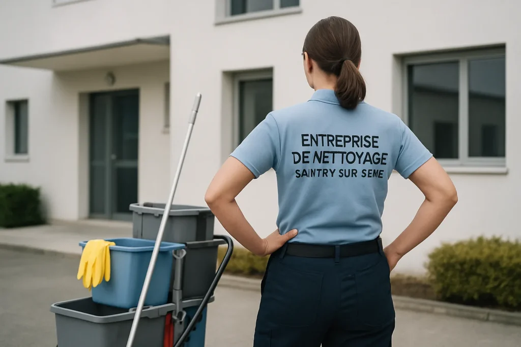 Agent de nettoyage en uniforme nettoyant un bureau à Saintry-sur-Seine.