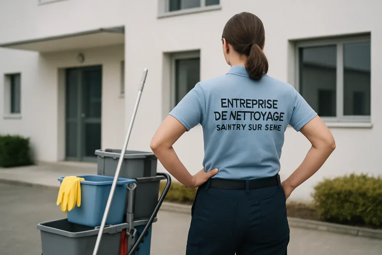 Agent de nettoyage en uniforme nettoyant un bureau à Saintry-sur-Seine.