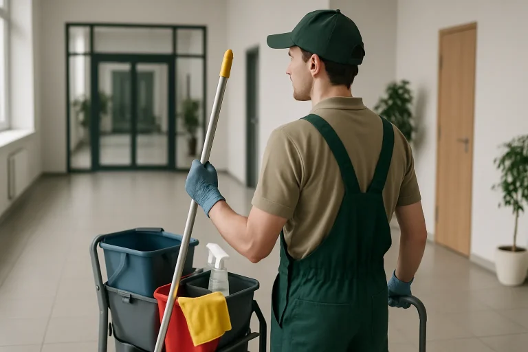 Équipe de nettoyage à VERT-LE-GRAND utilisant des produits professionnels dans un logement.