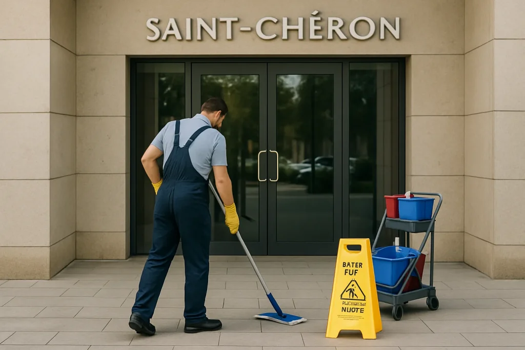Intérieur d'un appartement à Saint-Chéron avec équipements de nettoyage visibles.