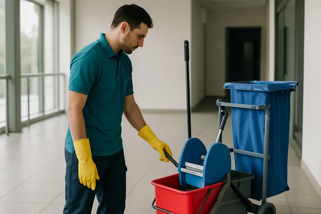 Un professionnel du nettoyage à La Ville-du-Bois désinfecte un bureau avec des produits écologiques.