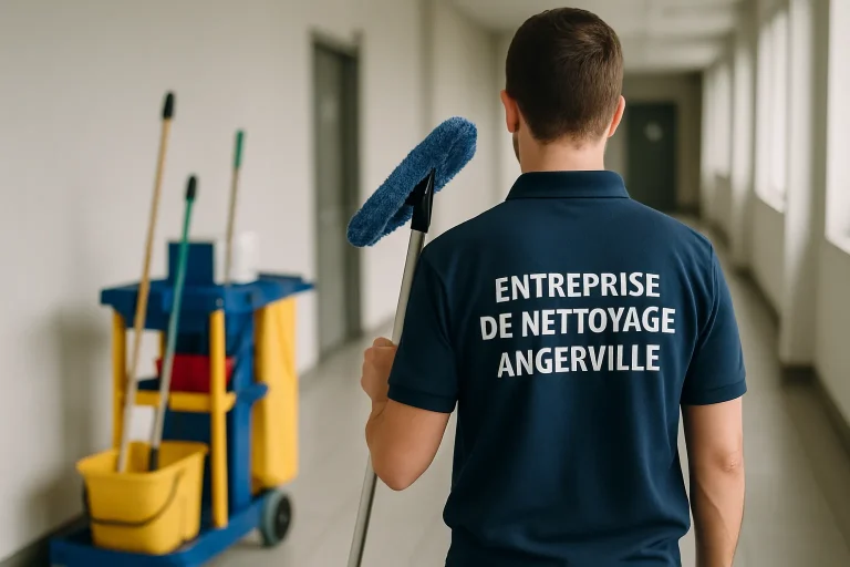Équipe de nettoyage professionnelle dans un appartement à Angerville, en pleine action.