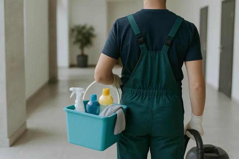 Un nettoyeur professionnel effectue des travaux de nettoyage dans un bureau à Méréville.
