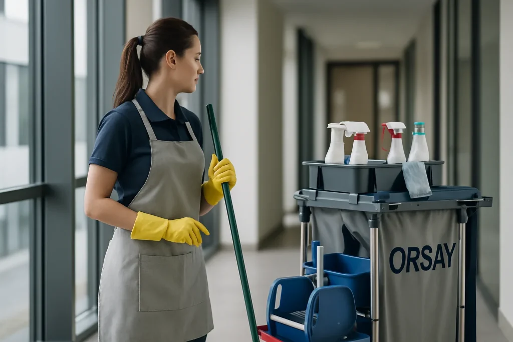 Équipe de nettoyage professionnelle travaillant dans un salon d'appartement à Orsay.