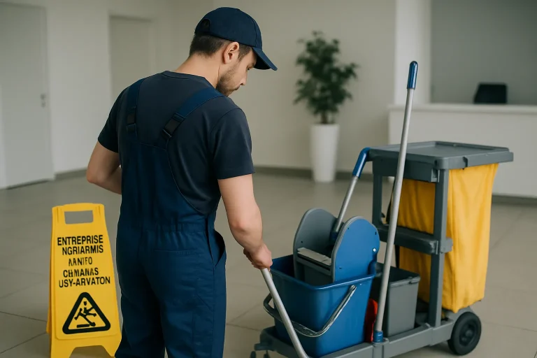 Équipe de nettoyage à Saint-Germain-les-Arpajon, effectuant des tâches dans un environnement de bureau.