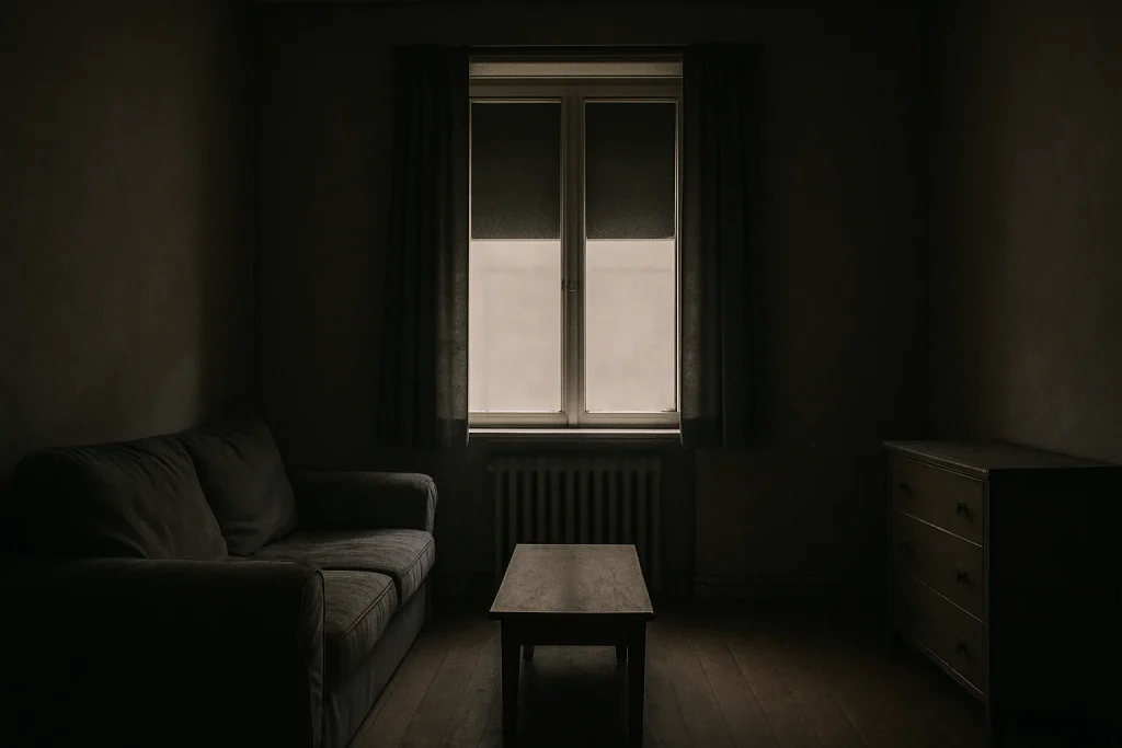 Intérieur d'un appartement fermé avec poussière et fenêtre close, avant nettoyage.