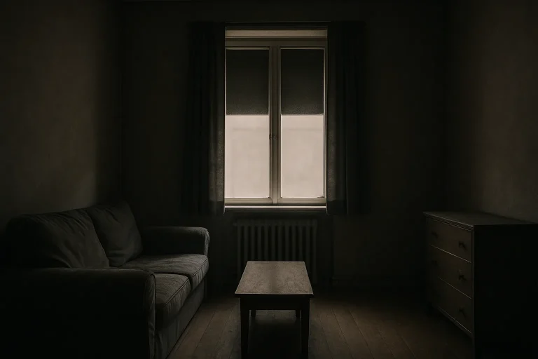 Intérieur d'un appartement fermé avec poussière et fenêtre close, avant nettoyage.