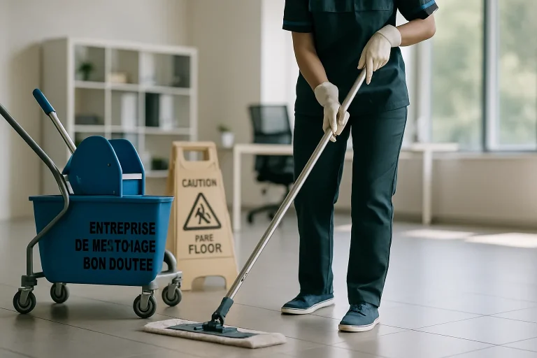 Équipe de nettoyage professionnelle s'occupant d'un appartement à Bondoufle avec des produits écologiques.