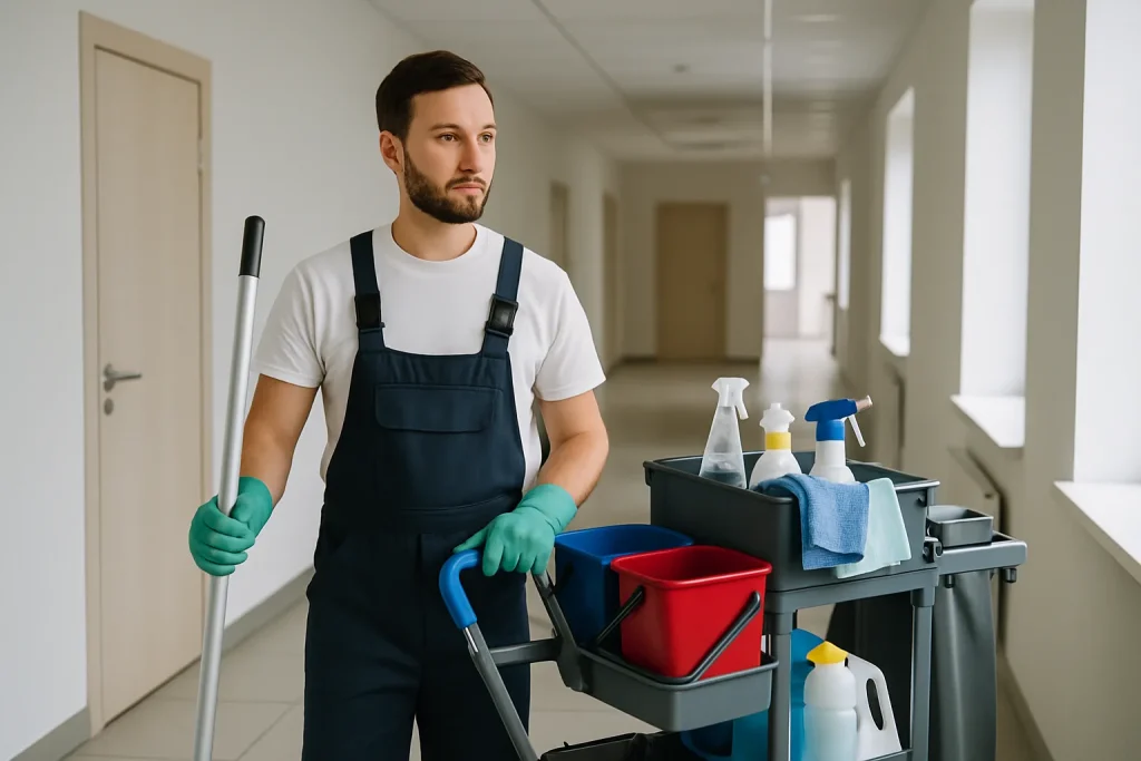 Un professionnel du nettoyage à LINAS effectuant un nettoyage dans un appartement lumineux.