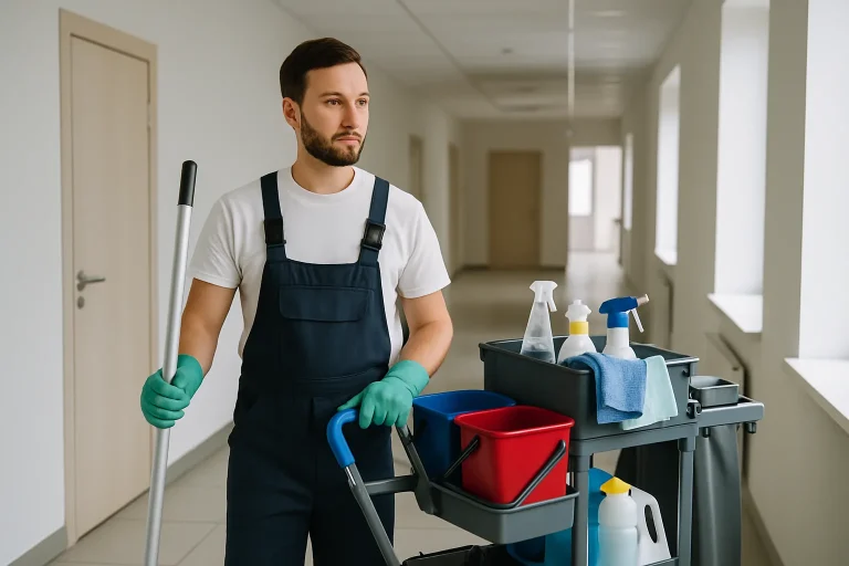Un professionnel du nettoyage à LINAS effectuant un nettoyage dans un appartement lumineux.