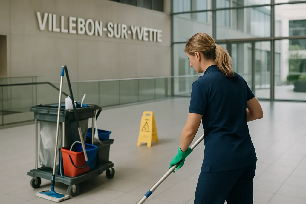Un agent de nettoyage nettoyant un bureau à VILLEBON-SUR-YVETTE avec des équipements modernes.