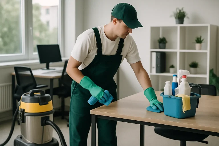 Un technicien de nettoyage avec des produits écologiques dans un appartement à Bièvres.