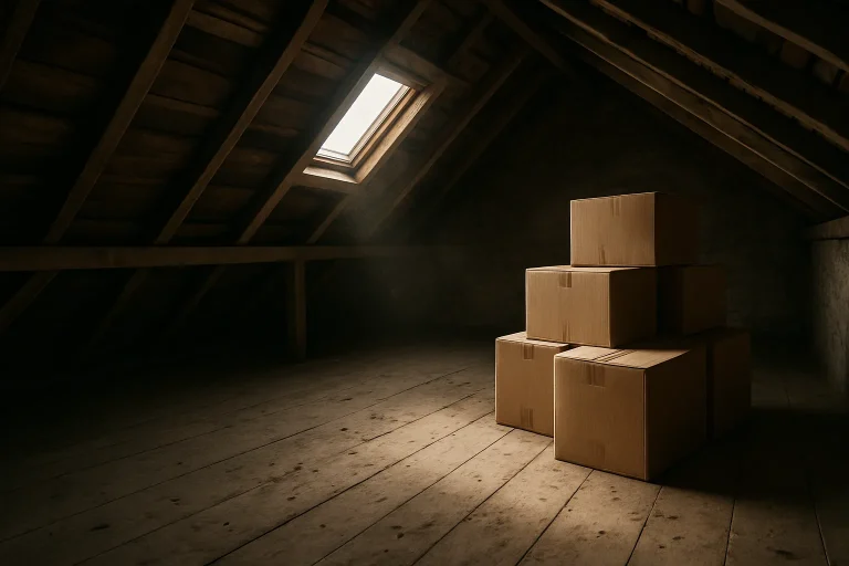 Grenier avec traces de rats, lumière naturelle, cartons empilés, plancher en bois.