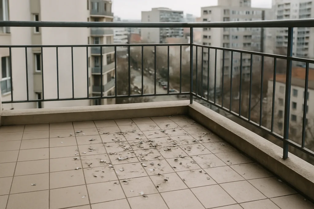 Balcon à Athis-Mons avec des fientes de pigeon sur le sol et la balustrade