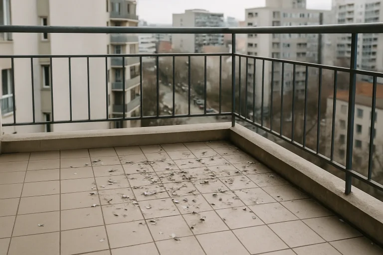 Balcon à Athis-Mons avec des fientes de pigeon sur le sol et la balustrade