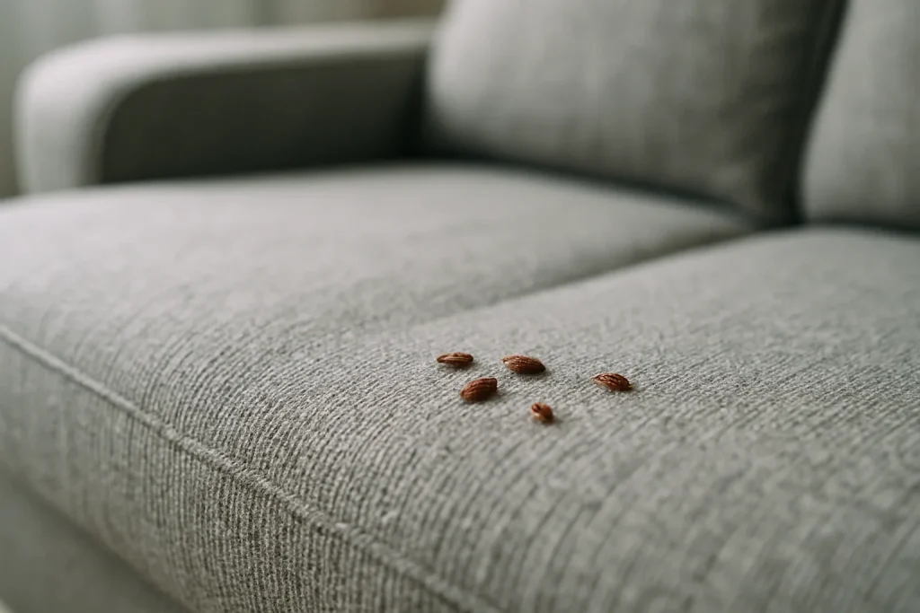 Gros plan sur un canapé en tissu avec des punaises de lit visibles en surface