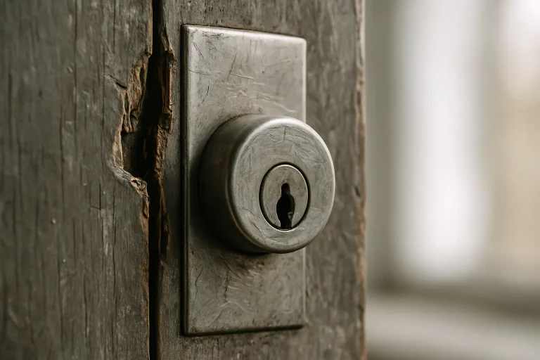 Gros plan sur une serrure de porte endommagée, éclairage naturel