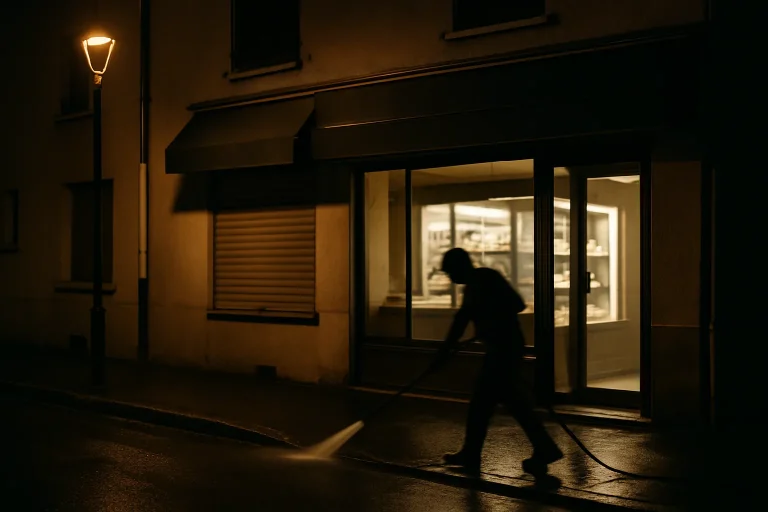 Nettoyeur de nuit devant un commerce à Sainte-Geneviève-des-Bois, éclairage tamisé