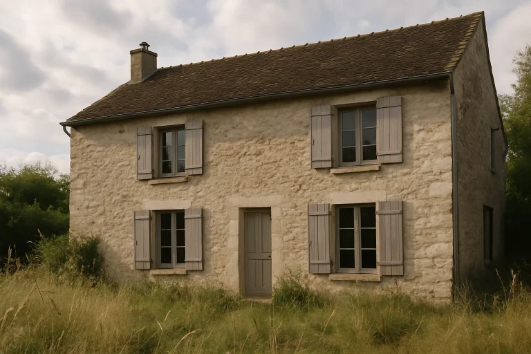 Maison ancienne entourée d'herbes folles, façade avec volets en bois, ciel nuageux.
