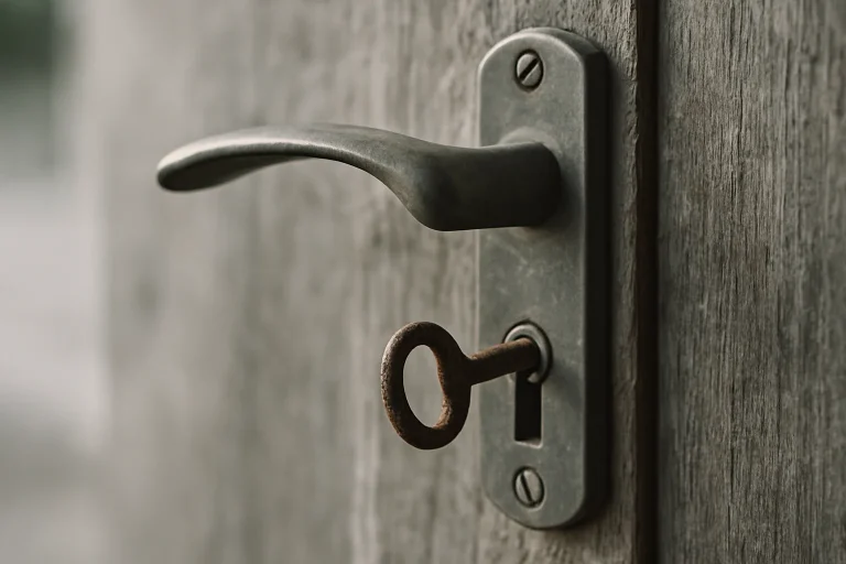 Gros plan d'une poignée de porte usée avec une clé rouillée, symbole de squat