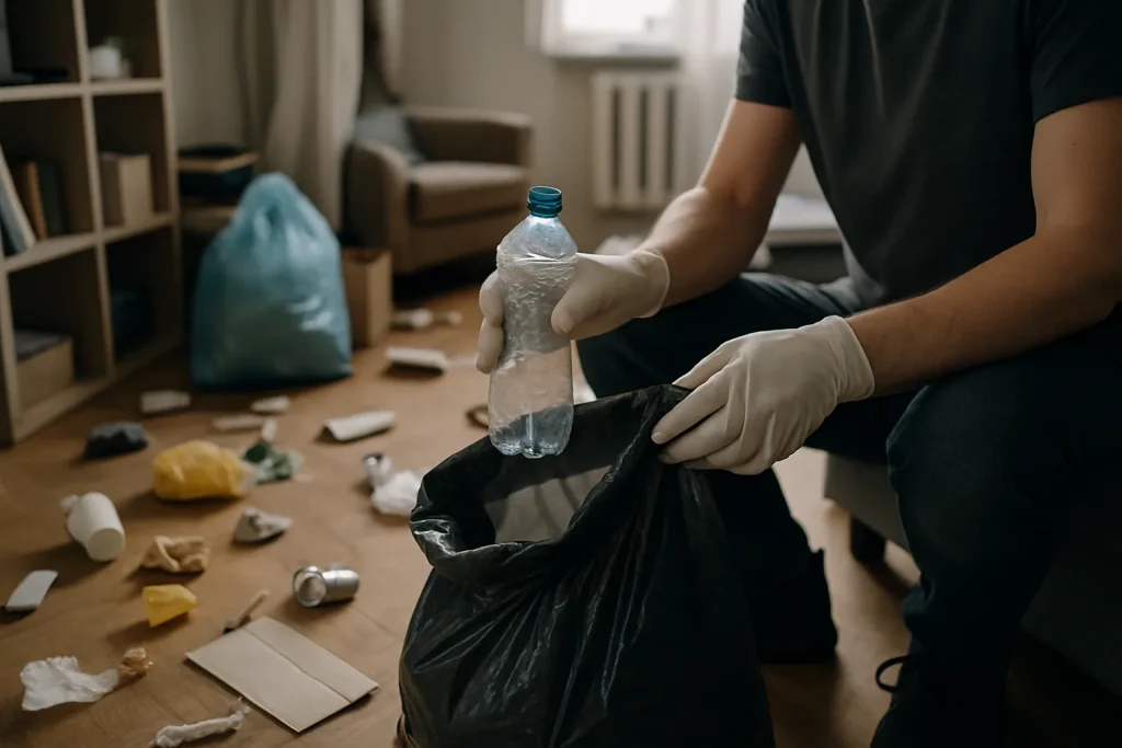 Mains gantées nettoyant un appartement surchargé à Étampes, lumière neutre
