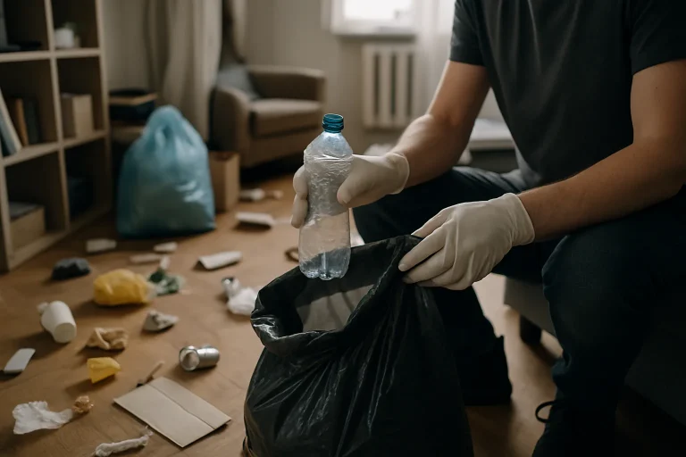 Mains gantées nettoyant un appartement surchargé à Étampes, lumière neutre