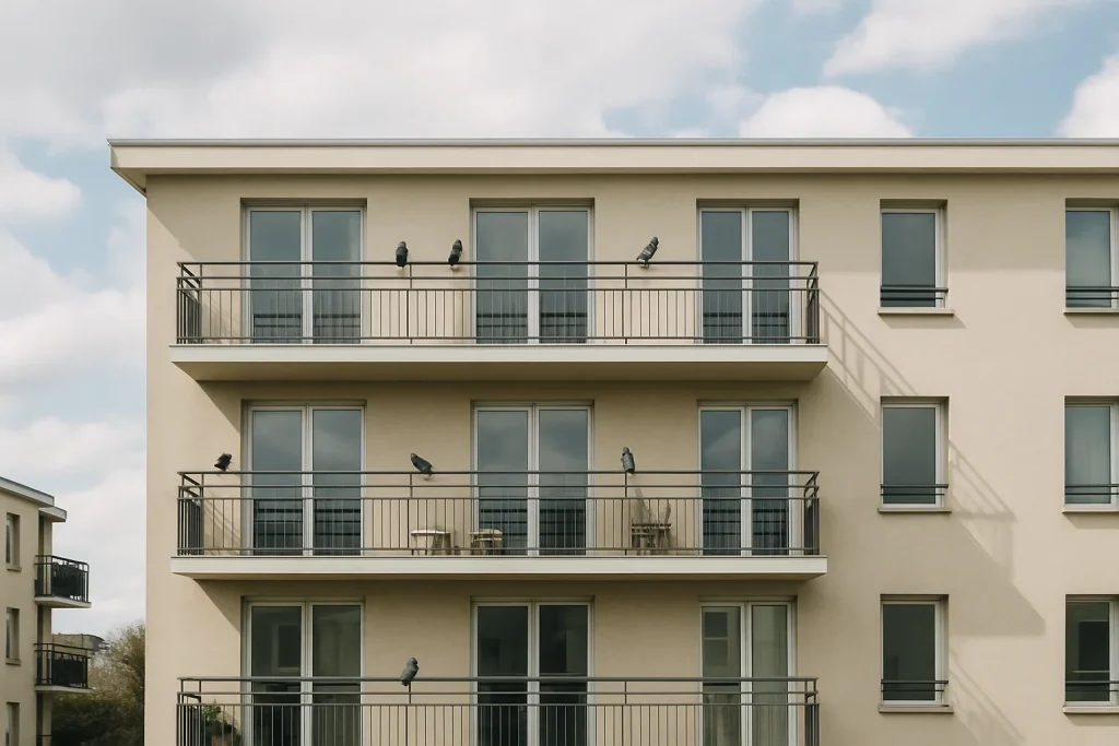 Façade d'un immeuble résidentiel en Essonne avec pigeons sur les balcons.