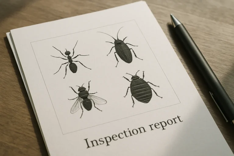 Gros plan sur un rapport de décontamination illustré de nuisibles, stylo à côté.
