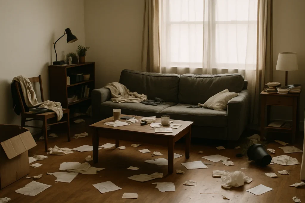 Salon désordonné avec meubles usés, papiers et déchets sur le sol, lumière douce.
