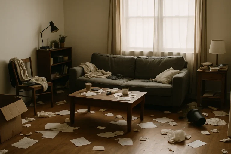 Salon désordonné avec meubles usés, papiers et déchets sur le sol, lumière douce.