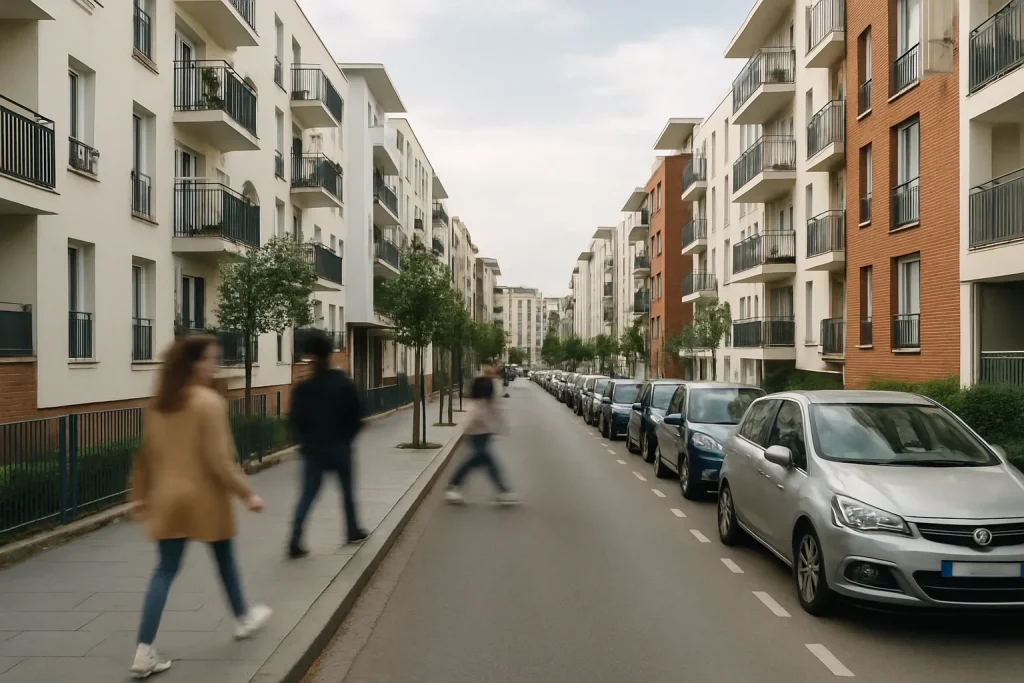 Rue résidentielle à Massy avec immeubles modernes et passants flous.