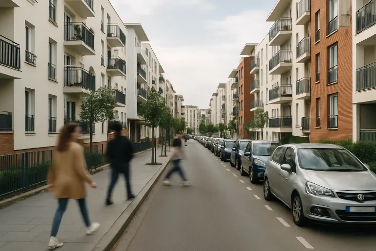 Rue résidentielle à Massy avec immeubles modernes et passants flous.