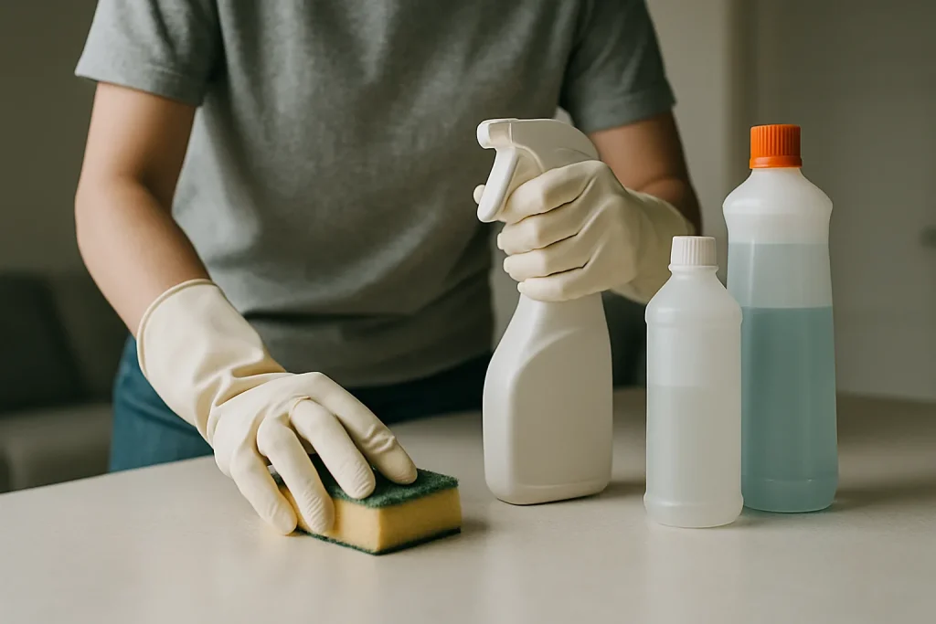 Nettoyage post-expulsion avec des mains en gants utilisant des outils à Corbeil-Essonnes