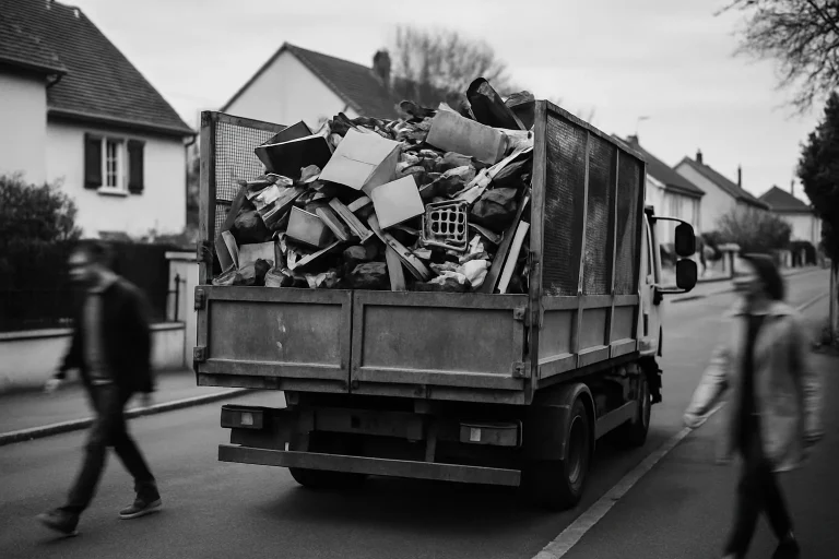 Camion de débarras chargé dans une rue résidentielle en Essonne, noir et blanc.