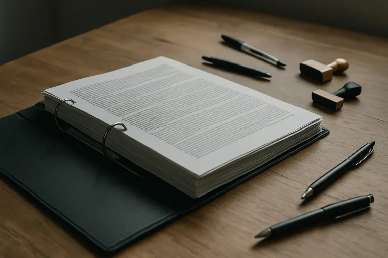 Classeur de documents ouverts sur une table en bois avec stylos et tampons encreurs