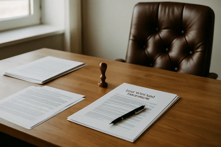 Bureau de notaire à Arpajon avec documents légaux sur une table en bois