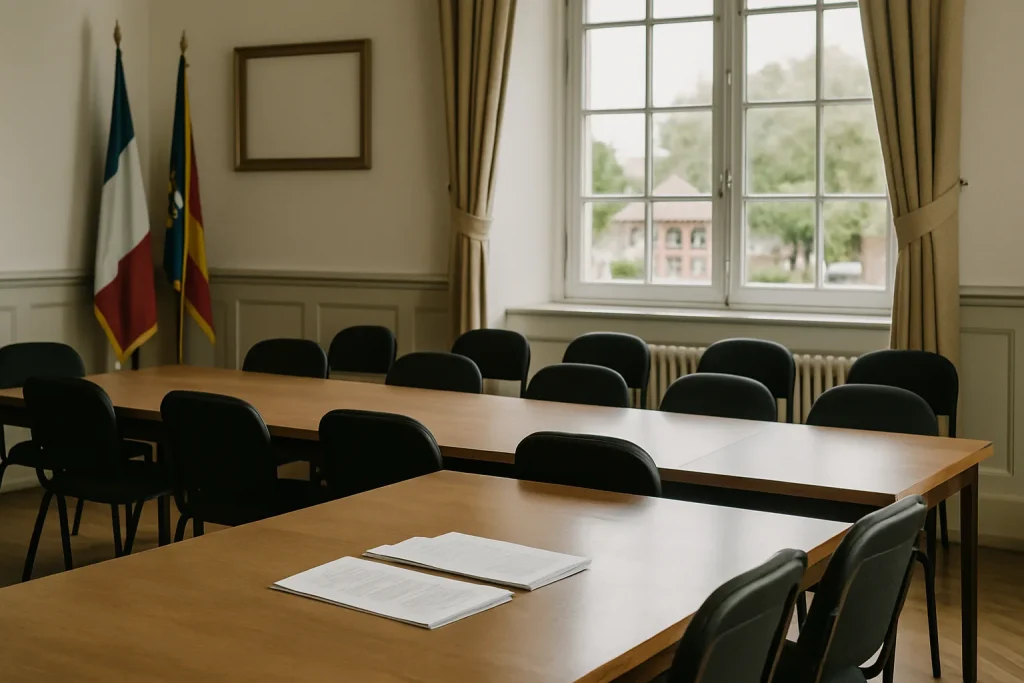 Salle de réunion avec table en bois, chaises et documents dans une mairie de l'Essonne