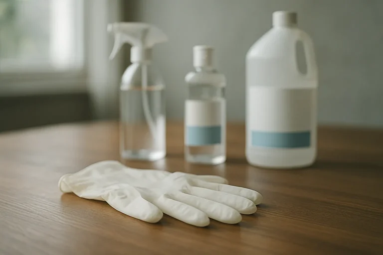 Gants en caoutchouc et produits de désinfection sur une table en bois, lumière naturelle